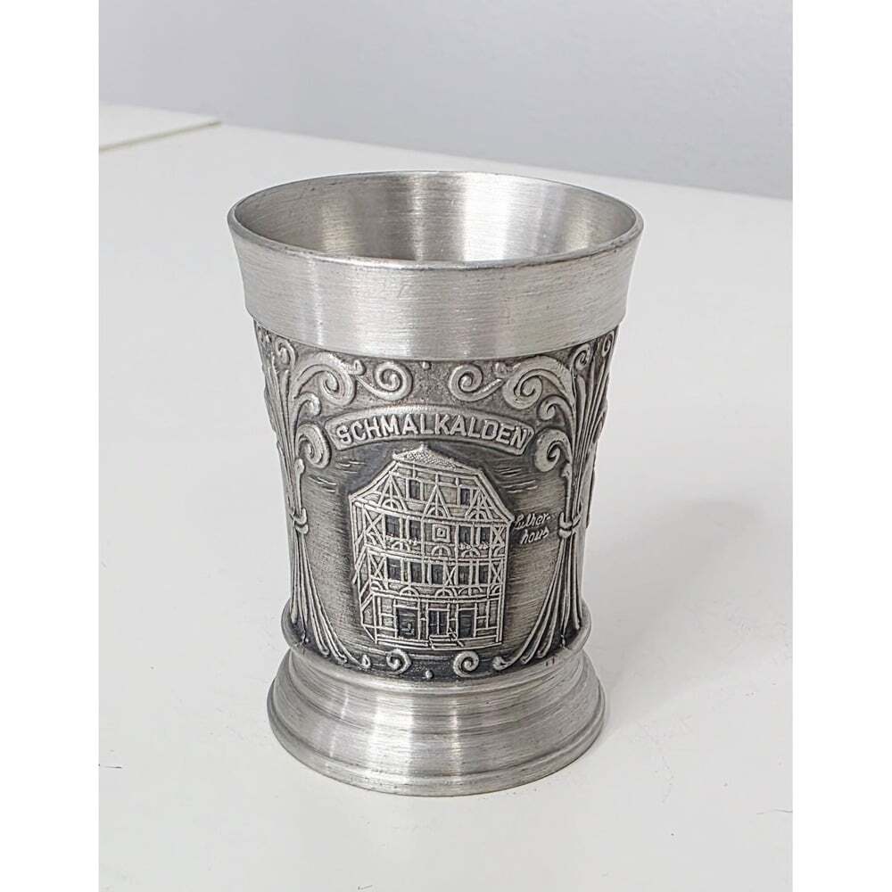 Vintage German Pewter Relief Shot Glass – Schmalkalden Lutherhaus Souvenir Cup
